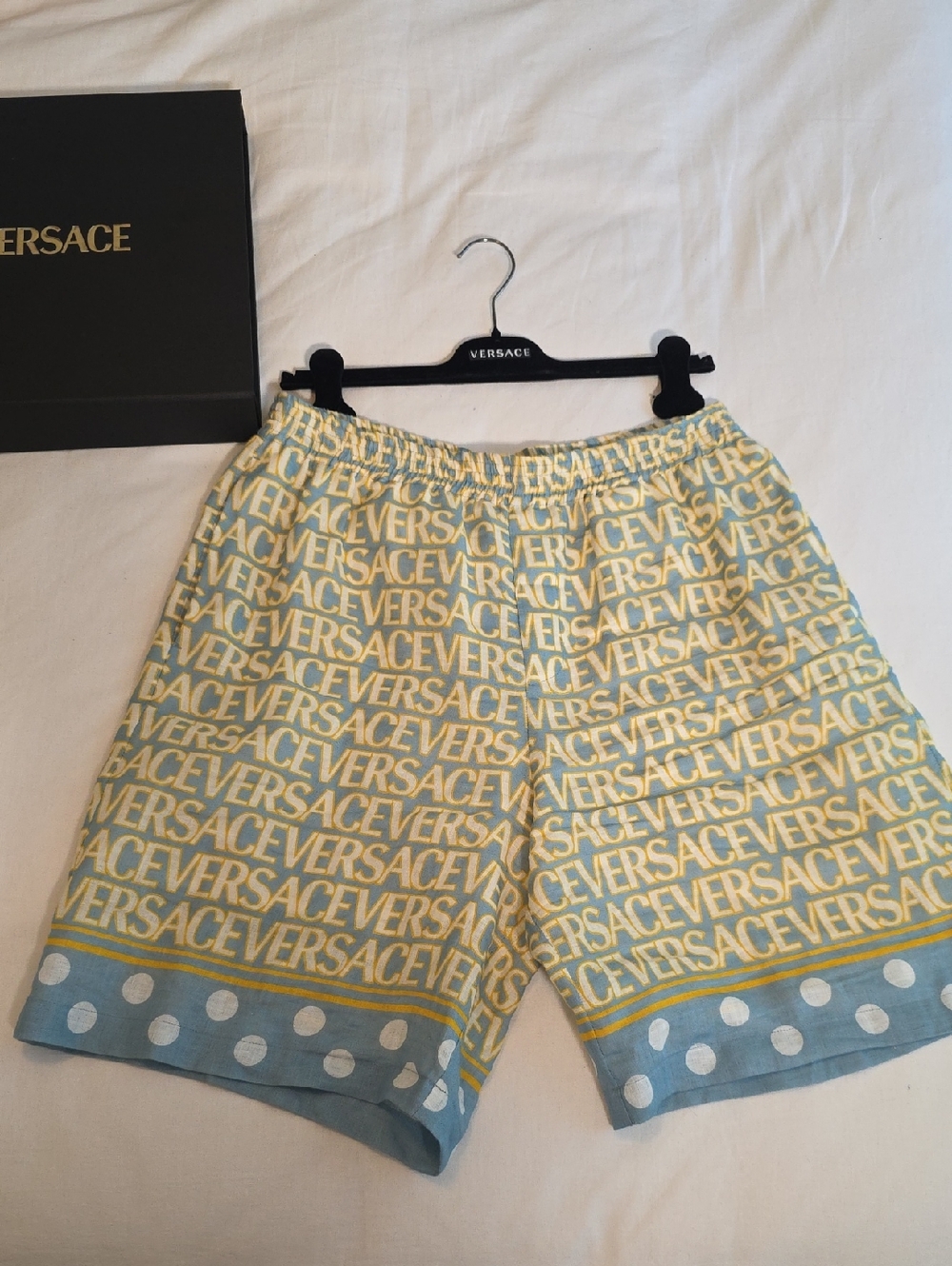 Versace Yellow & Light Blue Logo-Print Linen Shorts, NWT, IT 50, Large